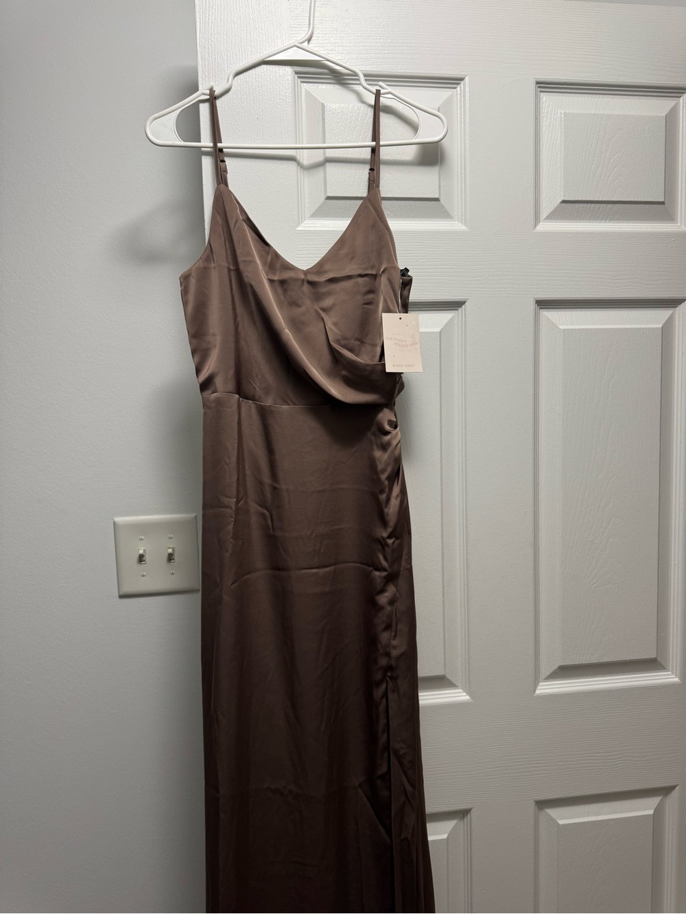 NWT! Satin Cowl Neck Slip Dress in Taupe Birdy grey size small